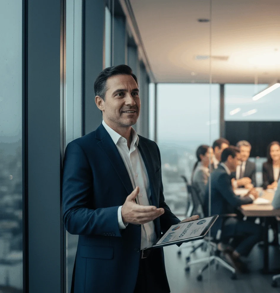 Ejecutivo liderando con confianza comunicación ejecutiva en inglés B2Lingo