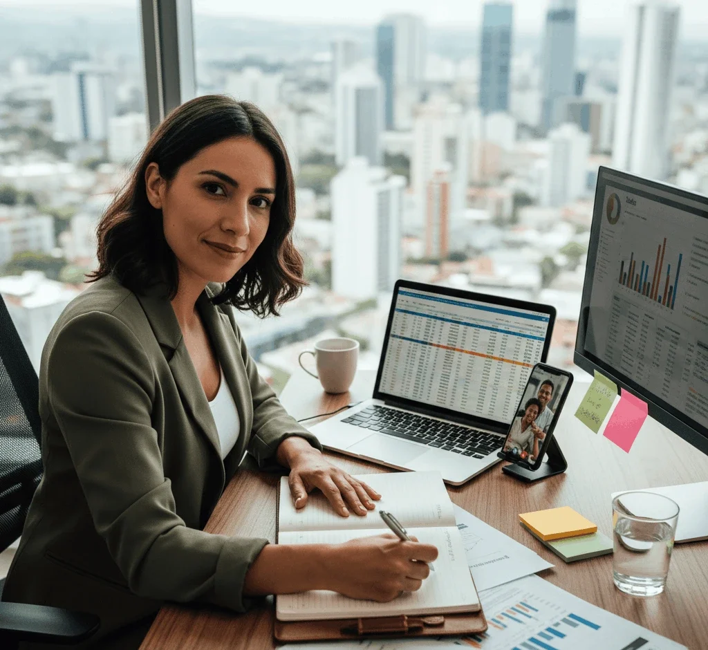 Escritorio ejecutivo con KPIs y laptop, enfoque práctico B2Lingo