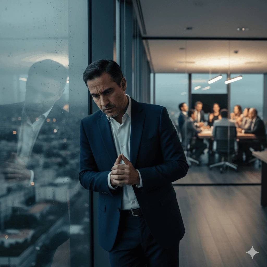 Ejecutivo reflexionando sobre la comunicación ejecutiva en inglés en reuniones de trabajo